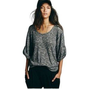 FP Beach Free People Nani Top Knit Tee In Marled Black Size Medium Rolled Sleeve